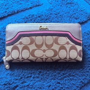 Coach Heritage Stripe Signature Logo Brown & Pink Zip Around Wallet- Genuine